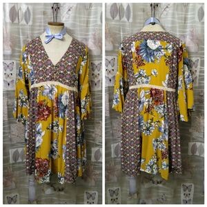 Umgee Bohemian Yellow Multi-Color Pattern Lace Bell Sleeve Dress Size Small